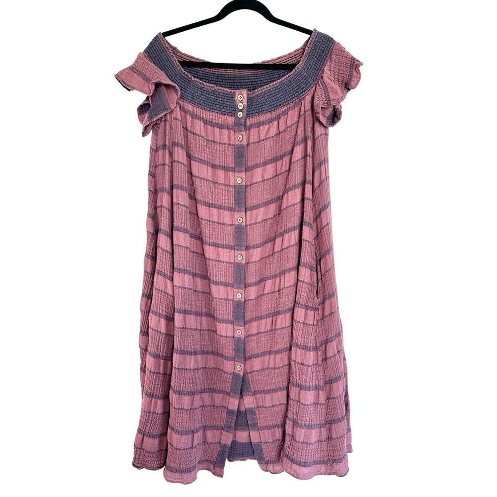 Free People Dress Pockets XS Button Gauze Smocked Flutter Sleeve 100% Cotton
